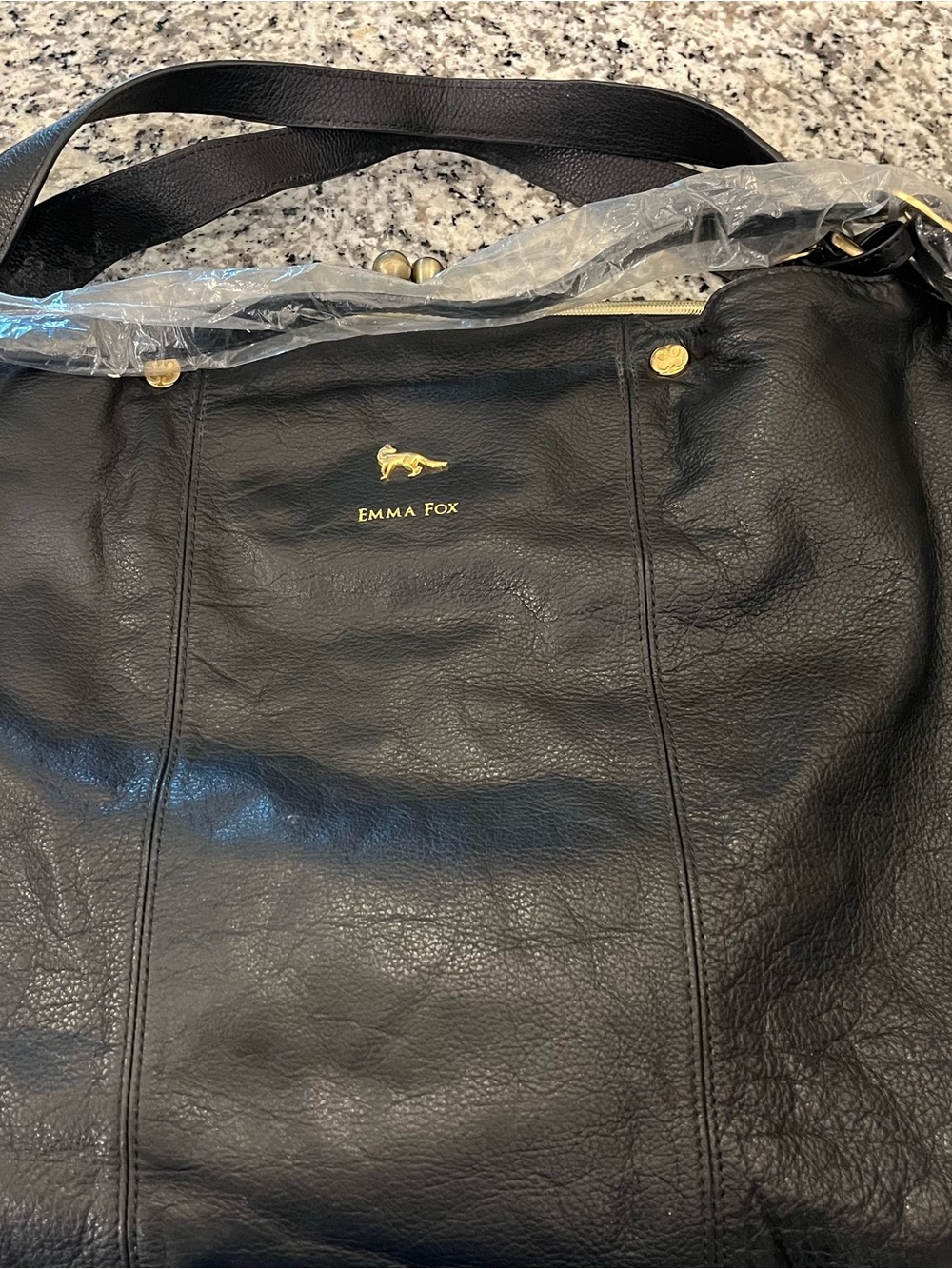 Emma Fox Black Leather Messenger Bag with Gold Logo